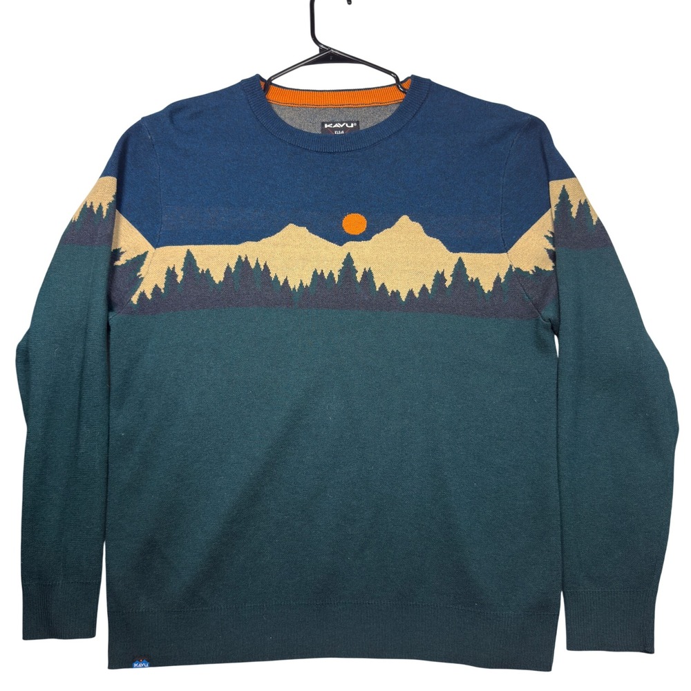 KAVU Sweater Large Mens Mountain Landscape Graphic Wool Blend Teal Blue